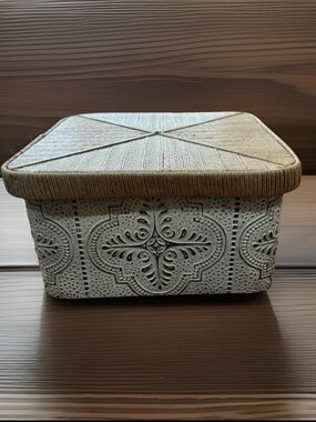 Decorative Storage Box 12x12 Woven Lid Embossed Metal Vintage Style Organizer